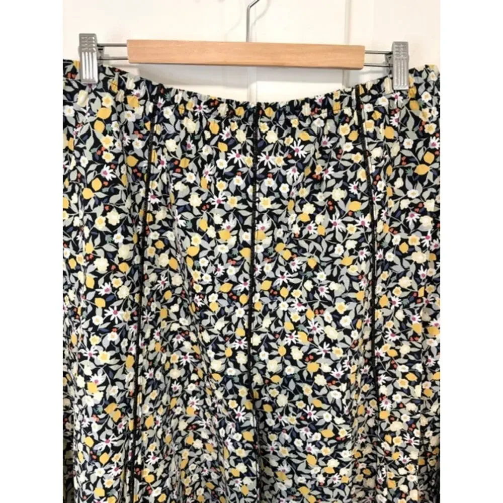 Cottagecore Floral Lemon Print‎ Midi Skirt Sz L Lined Cotton Daisy Coquette Boho